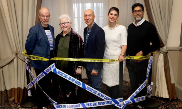 Bloody Scotland McIlvanney Prize 2024 winner shortlist authors (from left) D V Bishop (David), Val McDermid, Chris Brookmyre, Kim Sherwood and Abir Mukherjee