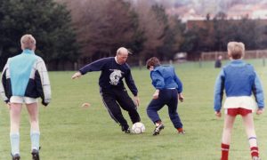 Former England footballer Bobby Charlton at Dundee with his one-day sports school.