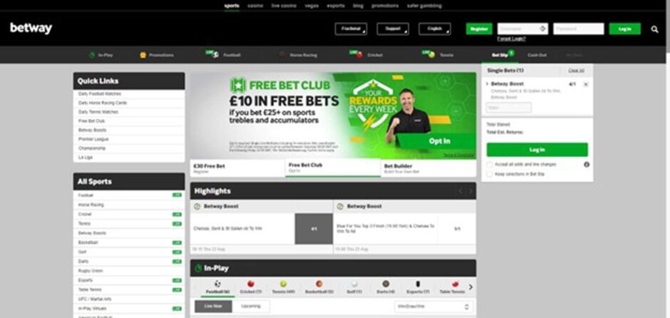 Screenshot of Betway website