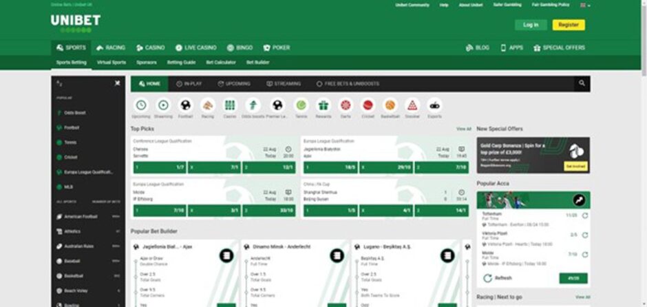 Screenshot of Unibet website