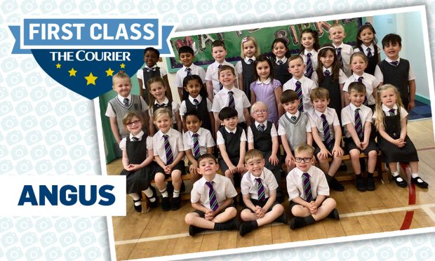 Birkhill Primary class photo with First Class logo - Angus schools P1 photo 2024