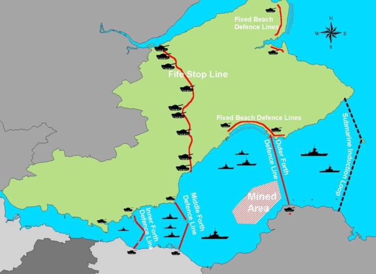 Collessie's Dragopn's Teeth: Map showing Scottish Command line in Fife during the Second World War.