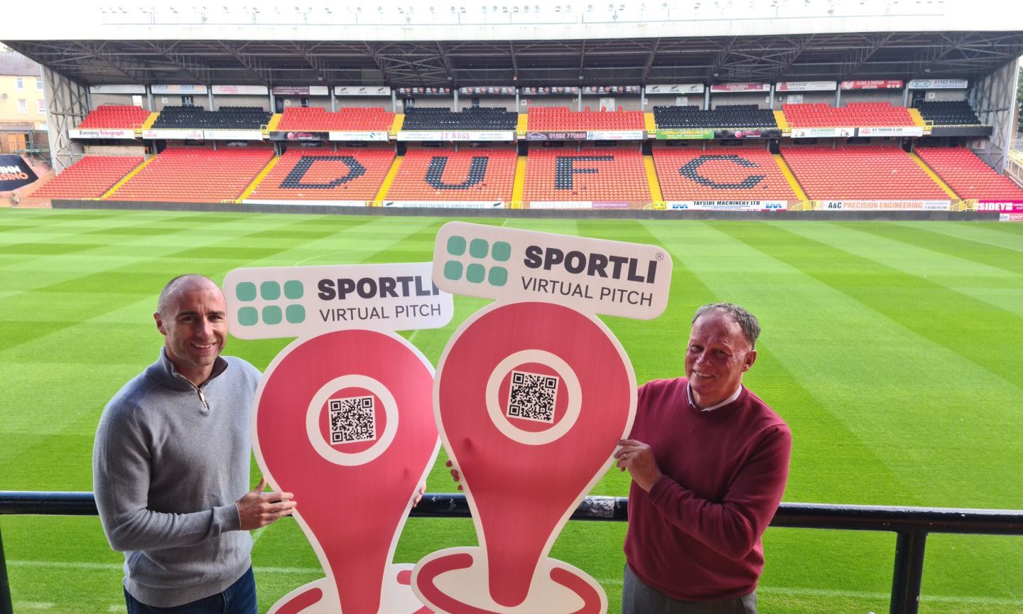 Sean Dillion and John Holt launching the Sportli initiative at Tannadice. Image: Sportli