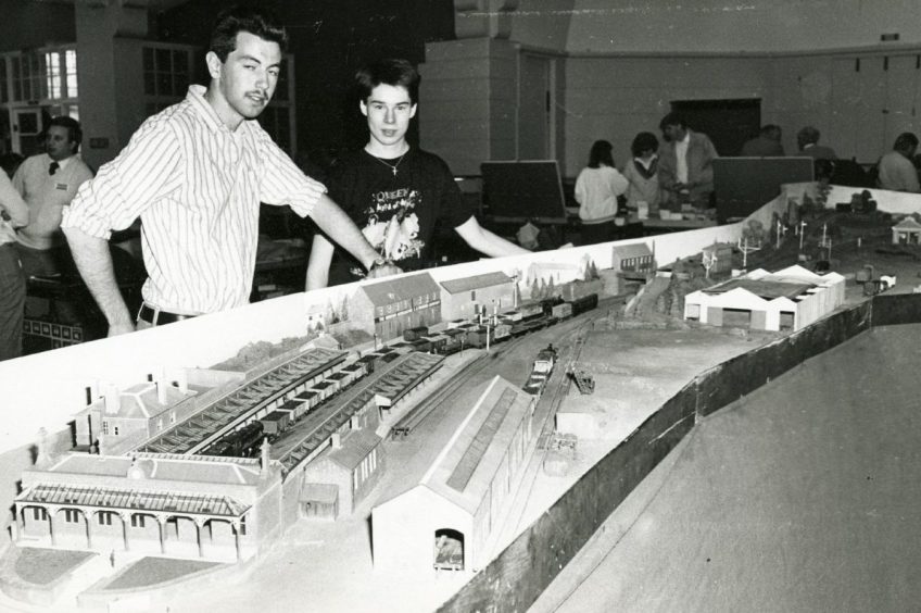 John Duffy and Doug Smith with the model of Brechin Station in 1987