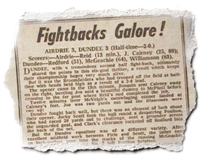 A newspaper clipping showing the 3-3 scoreline between Airdrie and dundee