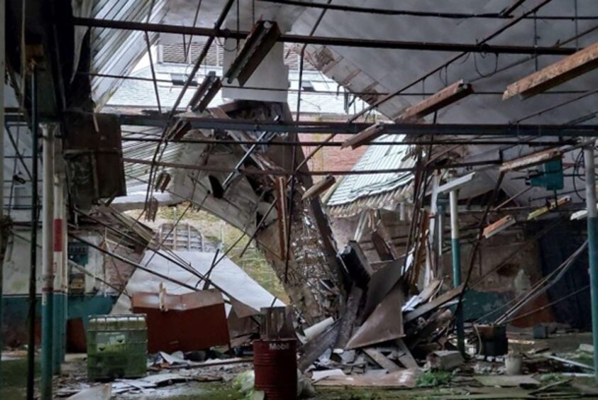 Dilapidated interior of Gairie Works in Kirriemuir.