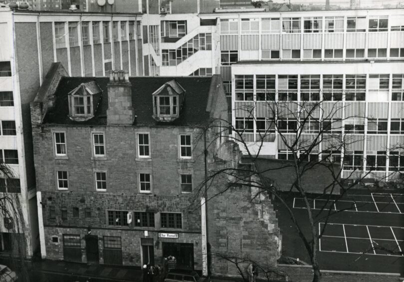 An aerial shot showing The Bread beside other Dundee buildings in April 1976.