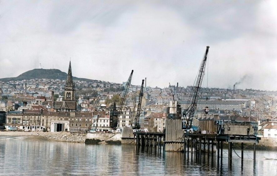 The temporary bridge out into the river in 1963.