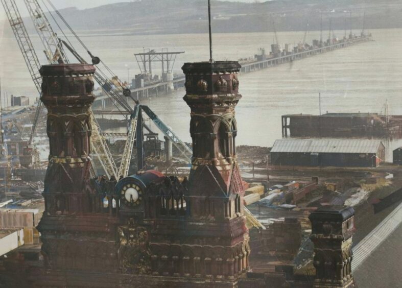 Royal Arch with the Tay Road Bridge under construction in 1963.