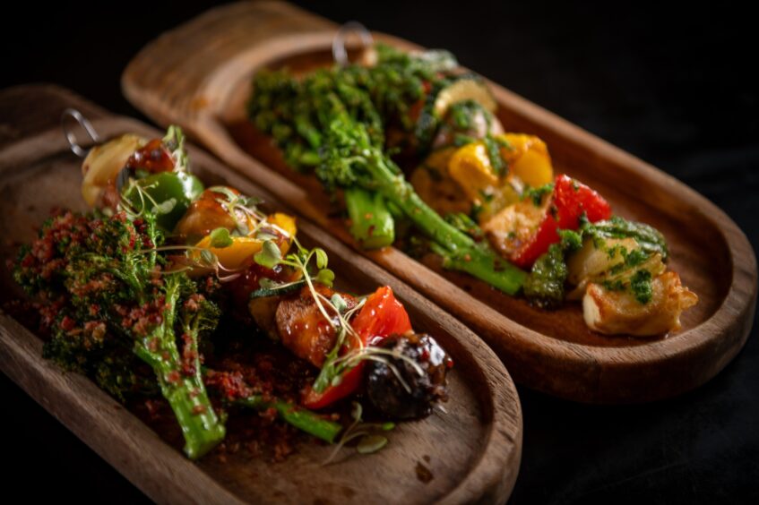 A meat kebab and vegetarian kebab.
