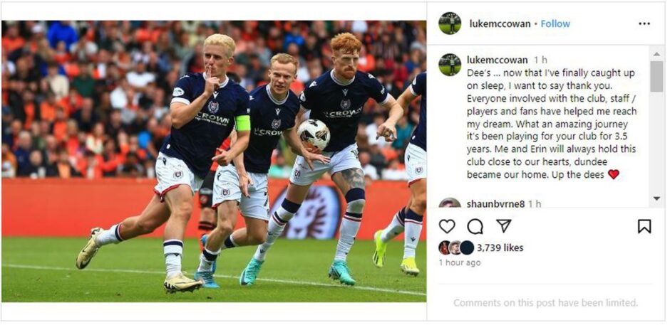 Luke McCowan says thank you to Dundee on social media. Image: Instagram.