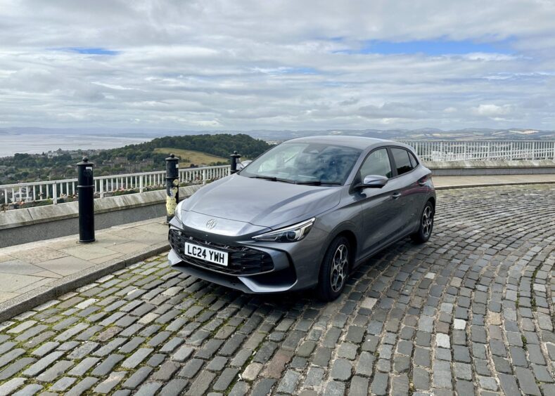 the MG3 Hybrid parked on the cobbled streets of Dundee's Law