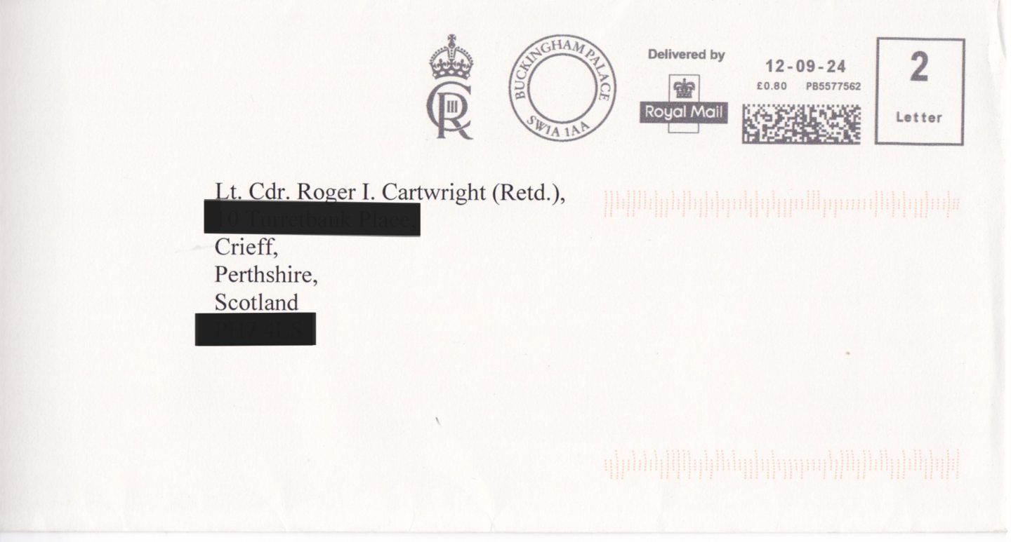 The envelope from Buckingham Palace sent to Dr Roger Cartwright.