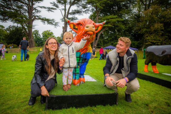 Luca (aged 1) with mum Joanne McVey and dad Ryan Murphy from Dundee, in front of ''Patch McCoo'' (artist Sandra Russell). Image: Steve MacDougall/DC Thomson