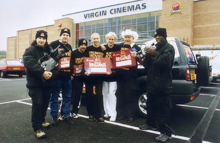 The Virgin TV crew, pictured in the cinema car park, shooting the Dundee movie.