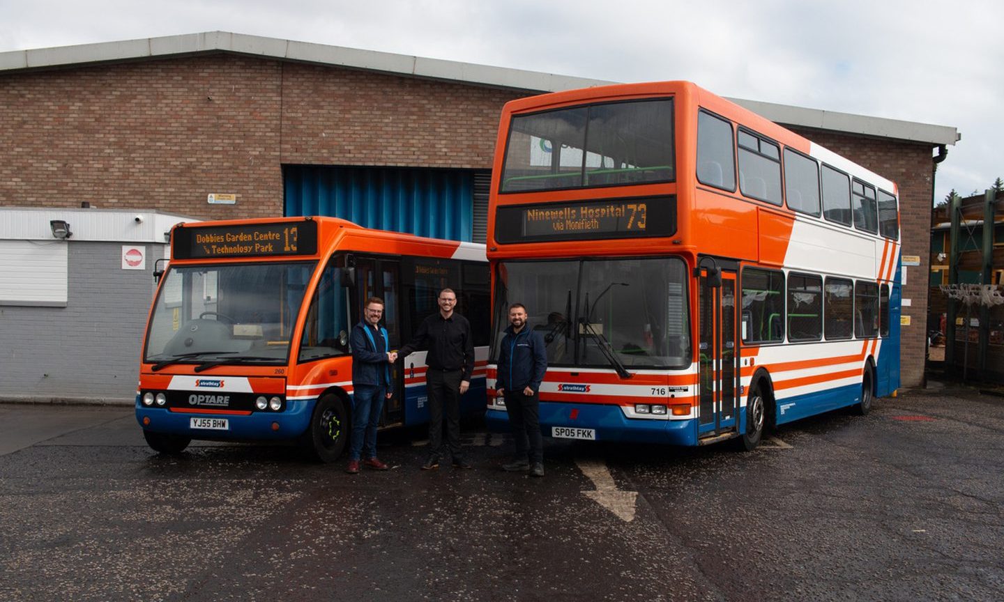 ATG vice-chair Andrew Macintosh, Stagecoach East Scotland engineering director Sam McWalter and Andy McCombie, ATG secretary at the Optare handover. Image: Stagecoach East Scotland