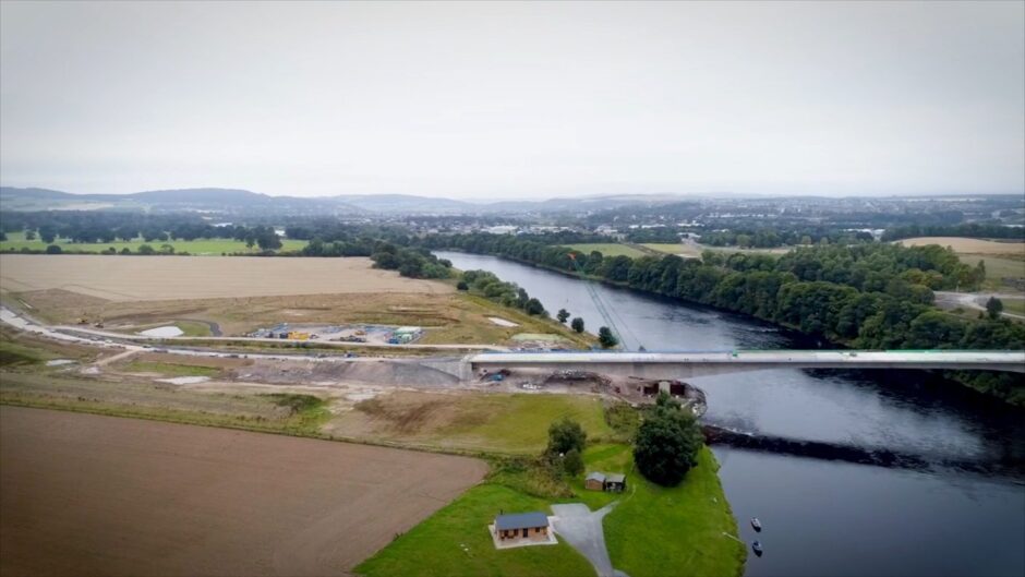 Drone photo of Destiny Bridge across Tay with Perth in background