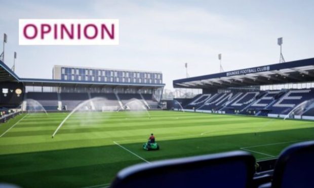 An image of a new stadium and pitch intended to depict what Dundee fans could see on a matchday.