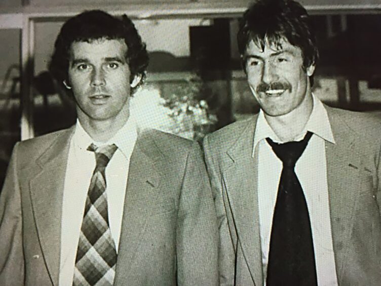 Kopel and McAlpine wearing suits in Brussels following the 1-1 draw in 1979. 