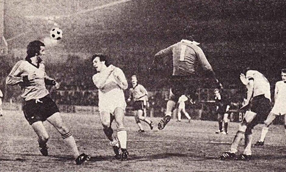 Frank Kopel in action in the second leg in Brussels in 1979, looking on as the goalie clears the ball from a crowded box