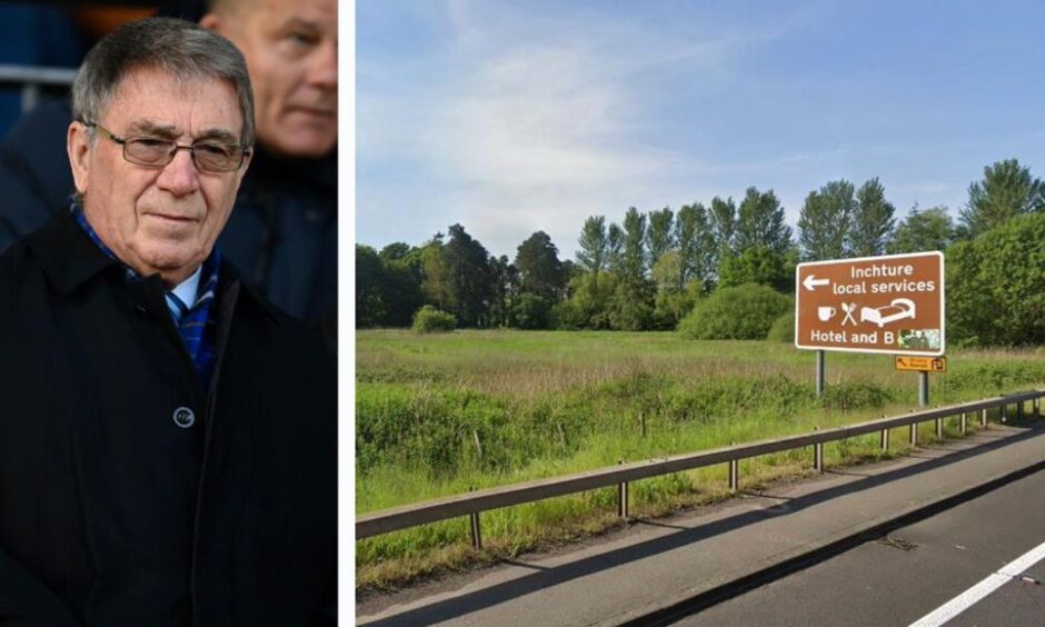 Split image with Geoff Brown on one side and road sign to Inchture on other