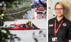 Firefighters tackling Storm Babet in Dundee and fire control call handler Louise Kettles. Image: Mhairi Edwards/DC Thomson/Scottish Fire and Rescue Service