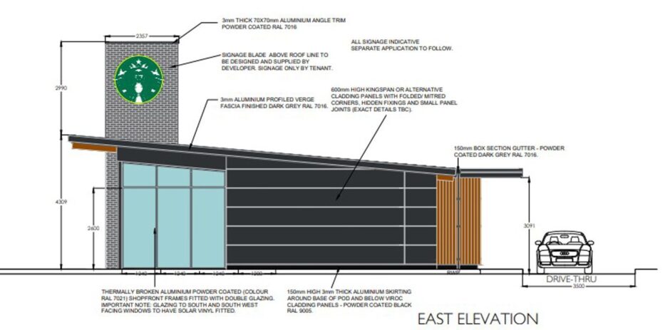 Architects drawing of Starbucks drive thru with car alongside