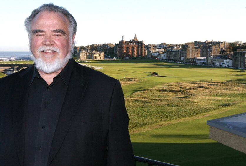 Herb Kohler at the Old Course Hotel, St Andrews, with Hamilton Hall in the distance.