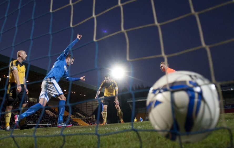 Sanel Jahic celebrates his goal for St Johnstone against Livingston.