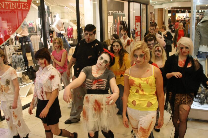 Creative Industries students having Halloween fun in 2011 by walking through the Kingsgate Shopping Centre in Dunfermline in costumes and make-up