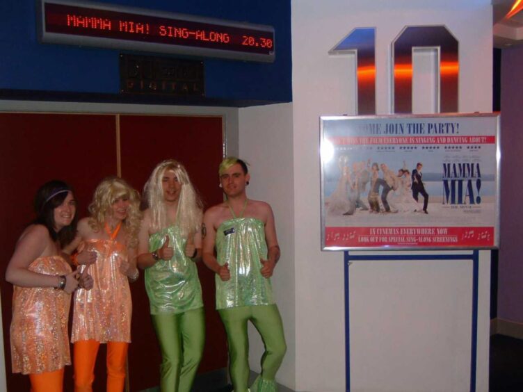 Odeon Dundee staff dressed up in ABBA gear before a showing of Mamma Mia at the Douglasfield cinema 