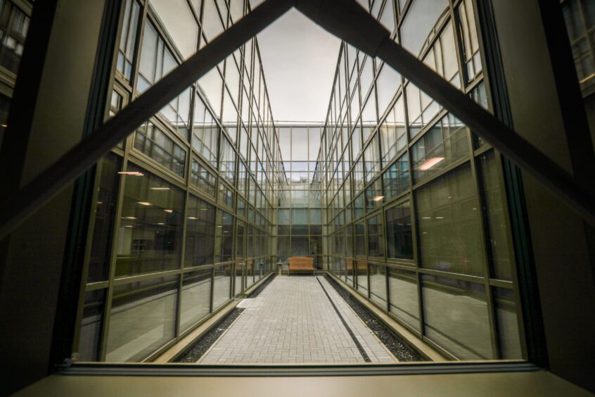 A view out to the winter garden courtyard in Dunfermline Learning Campus