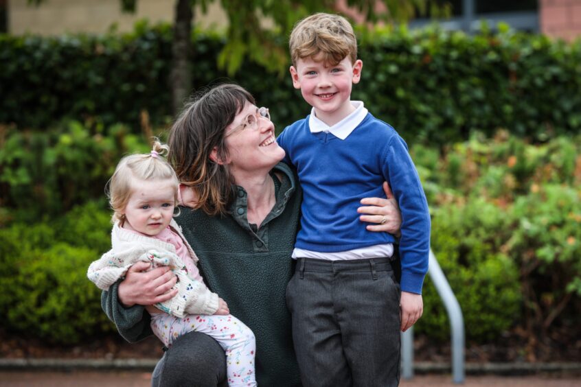 Whitehills Primary Gaelic pupil Ruairidh with his mum and sister