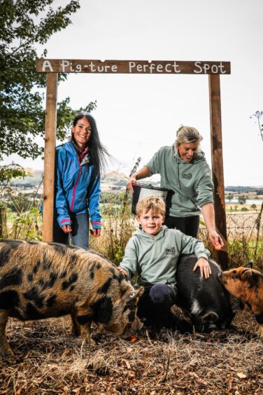 Gayle with Kirsty Brown and her son Joe Brown, 7 with the piggies. Image: Mhairi Edwards/DC Thomson.