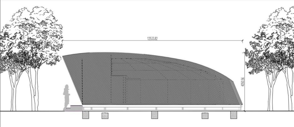 Artist drawing of Murrayshall glamping pod, an upturned boat shaped building in trees