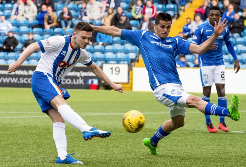 Plamen Krachunov tries to block a shot at Kilmarnock. 