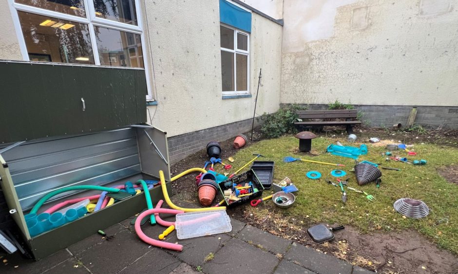 Toys and gardening equipment scattered across Our Lady's Primary School playground