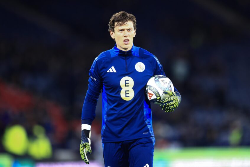 Dundee goalkeeper Jon McCracken warms up at Hampden ahead of Portugal clash. Image: David Young/Shutterstock