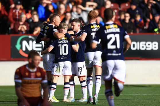 Dundee celebrate at Motherwell.