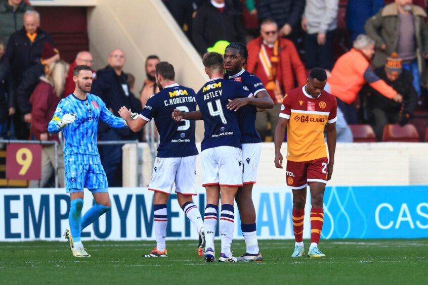 Trevor Carson, Clark Robertson, Ryan Astley and Billy Koumetio celebrate their clean sheet at Motherwell. Image: David Young/Shutterstock