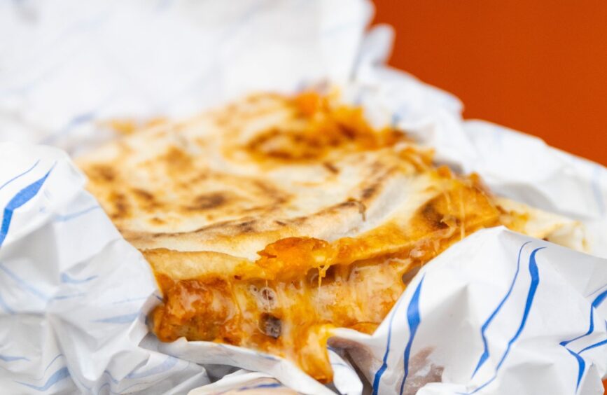 A delicious-looking quesadilla oozing with cheese.