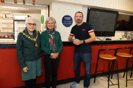 Angus Provost Linda Clark, Sheriff Norrie Stein's wife Linda and CAFE Project director Paul Hardie at the plaque unveiling. Image: Paul Reid