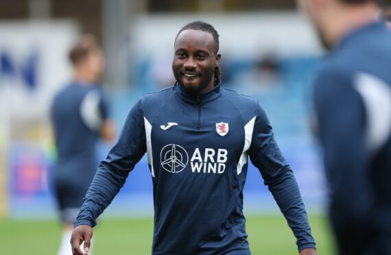 Fankaty Dabo warming up at Raith Rovers' clash with Greenock Morton. Image: Roddy Scott/SNS