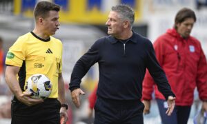 Dundee boss Tony Docherty was furious with referee Grant Irvine after Mo Sylla's red card. Image: Rob Casey/SNS