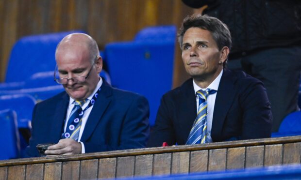 Simo Valakari in the main stand at Ibrox with Gus MacPherson.