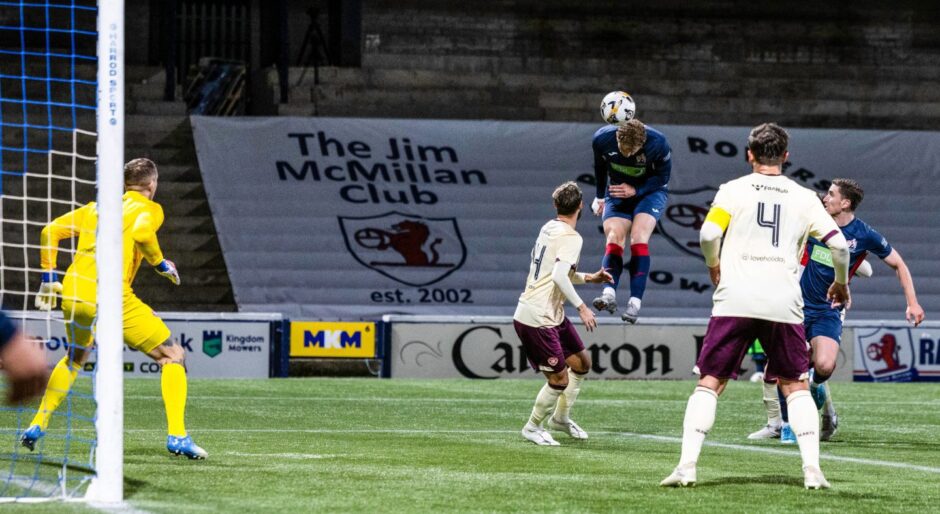 Jack Hamilton heads in Raith Rovers' second goal.