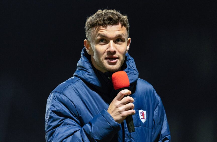 Ross Matthews takes the microphone to address the Raith Rovers supporters after full-time.