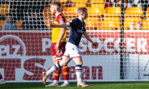 Dundee star Lyall Cameron celebrates his winner against Motherwell. Image: Sammy Turner/SNS