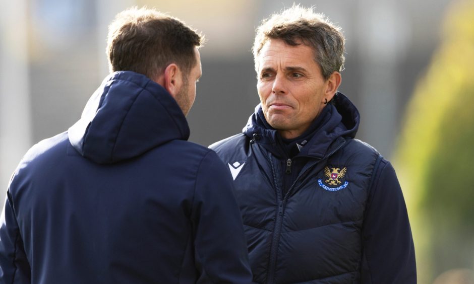 Simo Valakari with Andy Kirk during St Johnstone training.