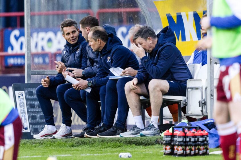 The St Johnstone bench at Dens Park. 